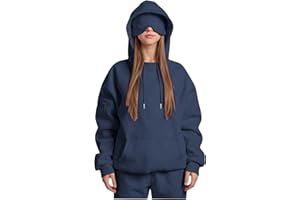 SLXBEAR Travel Hoodie with Eye Mask Built-in Oversized Airplane Hoodie Long Sleeve Sweatshirt Pullover Solid Color Comfort Hoodies for Women Uk Autumn Winter Thermal Tops Streetwear Casual Fashion