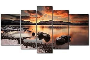 SO CRAZY ART Canvas Print Wall Art Picture For Home Decor Mountain Lake Winter Evening Rock Ice Beach Snow 5 Pieces Panel Pictures Stretched And Framed Artwork Oil The Decoration Landscape Photo Prints