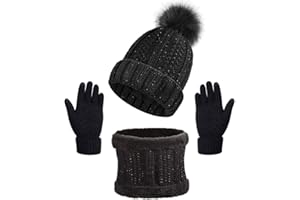 CheChury Tricotés Bonnet Écharpe et Gants Ensemble 3 Pièces d'hiver Bonnet Chaude Doublure en Polaire Écharpe Gants écran Tactile Femme Chapeau Pompon