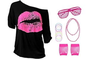 Aomig Disfraz Años 80 Mujer Neón, Juego de 5pcs Ropa Años 80 Disfraz con Camiseta con Estampado de Labios, Guantes de Rejilla, Collar, Pulsera y Gafa para Fiesta Temática de 80