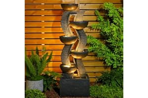 SUNLINUA 52.8" Tall Outdoor Water Feature and Waterfall with LED Lights, Cascading Bowl Garden Fountain Waterfall Feature for Patio, Garden Porch Decor – Large Freestanding Resin Water Fountain for Backyard