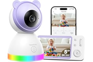 YESIMOM 2K/3MP Camara Vigilancia Bebe Inalámbrica con Pantalla 5" IPS y 360° PTZ, Vigilabebes con WiFi y App, Visión Nocturna, Detección de llanto/Movimiento, Audio Bidireccional, Nanas, VOX(1PCS)