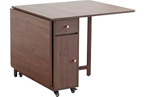 COMUHOME Utfällbart matbord med 2 lådor och 4 hjul för vardagsrum, kök, bondgård, platsbesparande, valnöt