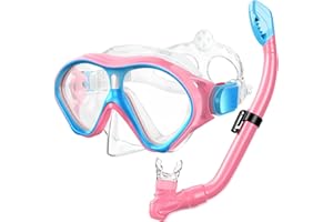 Gintenco Kids Snorkel Set, Diving Mask Dry Top Snorkel Set Kids, Anti-Fog Panoramic Snorkel Mask Impact Resistant Tempered Glass, Snorkelling Gear with Breathing Tube for Youth Junior Girls Boys