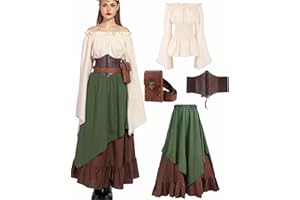 KASAHARA 5pcs Mittelalter Kleidung Damen Set, Retro Off Shoulder Bluse Kleid Renaissance Kostüm Victorian Bekleidung Maxi Dressm mit Corsett, Gürteltasche, Gürtel, Karneval Faschingskostüm