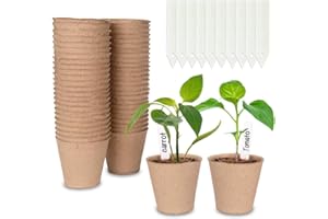 Cymax 50 Pack 8cm Round Fibre Pot Seed Seedling Pot with 50pcs Plastic Plant Lables, Biodegradable Herb Plant,Flower,Seed Starter Pots Kits, Garden