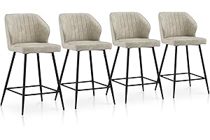 TUKAILAi Bar Stools Set of 4,Cream Faux Leather Breakfast Bar Stools with Footrest and 4 Metal Legs,Mid Back Upholstered Island Chairs Barstools for Home Kitchen Counter Pub