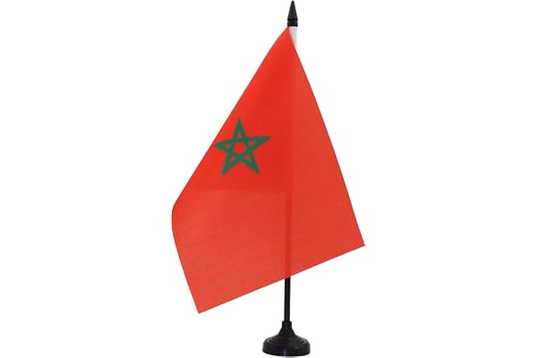AZ FLAG - Drapeau De Table Maroc 21x14 cm - Petit Drapeau Marocain De Bureau 100% Polyester Avec Hampe De 25cm Et Socle En Plastique Noir