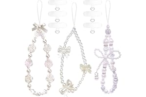 FAURAPMNG 3 Stück Handy-Handgelenkband mit Perlen und Schleife, Y2K Anhänger Lanyard mit 6 Handy-Tabs für Kamera, Schlüsselanhänger, Deko