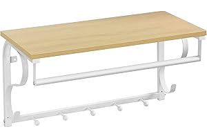 VASAGLE Appendiabiti da parete industriale con ripiano 5 ganci barra di sospensione per corridoio bagno soggiorno colore legno e bianco LCR11WY