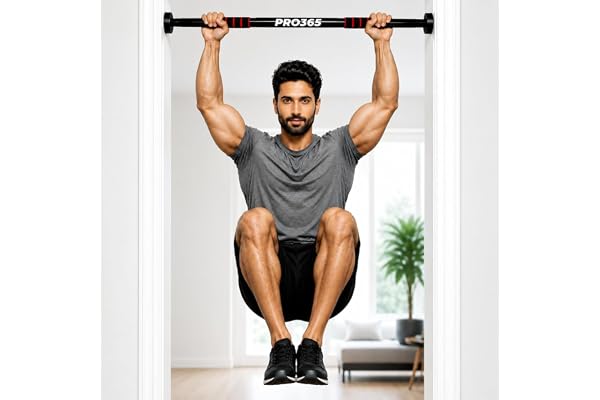 PRO365 Permanent Drill Free Pull Up Bar No Screws Required Tightening Key Included Chin-Up Bar with Non-Slip Foam Grips Premium Suction Cups Heavy Duty Steel Body Fits Doorways 60 100 cm 110 KG 1 Year Warranty