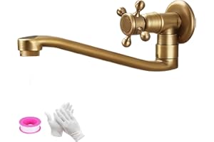 NIUKOMY Vintage Grifo de Latón Antiguo, Grifos de Agua Fría en Pared, Grifería Frío de Jardín, Giratorio 360° Grifo Mural de Lavabo para Cocina Fregadero Baño Lavandería Externo, G1/2