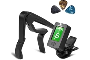 BROTOU Guitar Tuner and Guitar Capo Set, Quick-Change Capo, Clip-On Tuner, Digital Electronic Tuner, LCD Display Tuner for Acoustic Guitar, Bass, Violin Ukulele, Electric Guitar with 3 Free Picks