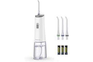 Sawgmore Idropulsore Dentale Portatile, Irrigatore Dentale Azionamento a Batteria con 4 ugellis, IPX6 Impermeabile 360° Rotante Water Flosser, per Viaggi/Famiglia (Bianco)