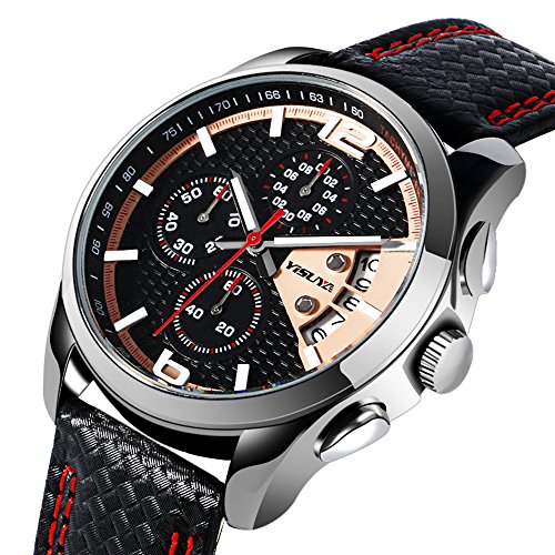 YISUYA Chronograph Herren Quarz-Uhr-Datum-Anaglg Display-Leder-Band-wasserdichtes Sport-Armbanduhr-Schwarz YISUYA Chronograph Herren Quarz-Uhr-Datum-Anaglg Display-Leder-Band-wasserdichtes Sport-Armbanduhr-Schwarz
