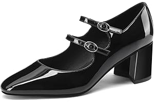 MIRAAZZURRA Escarpins à talon bloc Mary Jane Escarpins élégants avec bride de cheville et bout rond Chaussures vernies avec boucle