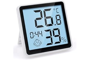 PITASHA Termómetro Higrómetro Digital con función sensible a la luz Termohigrómetro de Interior Medir Ambiente del Hogar Medidor de Temperatura y Humedad con reloj, gran pantalla LCD, retroiluminación
