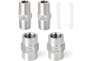 GASHER 4pezzi 304 accesorios de tubería de acero inoxidable, Hex Nipple Hex de acoplamiento, 1/4" x 1/4" BSP rosca macho de tuberías, 1/4 Inch x 1/4 Inch BSP rosca hembra de tuberías