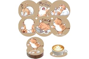 ZORVYN Set da 6 Sottobicchieri Rotondi in Legno Riutilizzabili, Assorbenti per Tazze e Bicchieri, Ideali per Casa, Ristorante, Ufficio e Bar (Con Motivo di Gatti)