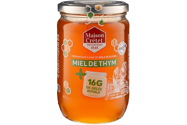 Maison Crétet |Miel de thym et Gelée Royale | 16 g de gelée royale dans ce pot | Récolté dans les garrigues préservées | préparation en pot verre |grand format économique |800g