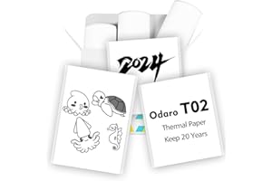 Odaro Thermopapier, T02 Mini Drucker papier, Aufkleber-Druckerpapier 20 Jahre lang schwarz auf weißem Klebepapier 50mm x3,5m, 3 Rollen in Box，weiß