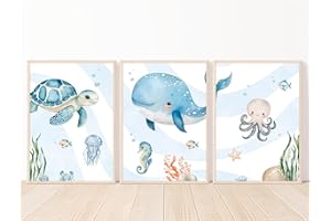 MeinBaby123® Lot de 3 images du monde sous-marin pour chambre d'enfant - Format A4 - Baleine, tortue, méduse - Décoration pour chambre d'enfant - Cadeau de naissance (monde sous-marin V4)