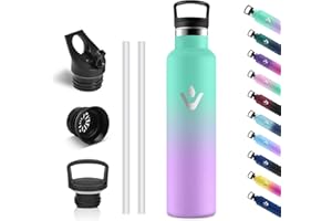 Vikastar Gourde Isotherme, 1l Anti-Fuite, Bouteille Isotherme, sans BPA, Gourde Inox, Réutilisable, Gourde Isotherme 1L pour Fitness, École, Sport, Cyclisme, Vert Lac & Violet Clair