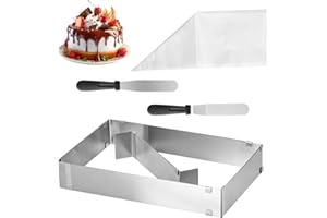 LiuHancsqd Molde Pastel, Anillos para Tartas de Acero Inoxidable, Aro de Pastelería, Marco de Horneado Rectangular Ajustable, Molde para Pastel de Mousse Hornear Tartas Postre + 20 Mangas Pasteleras