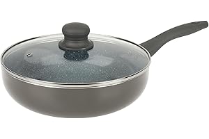 Crealys 529579 Sauteuse Aluminium Gris AUTAN Ø 24 cm H 6,5 cm - Revêtement Antiadhésif Sain en Céramique effet pierre - Couvercle Verre - Manche thermorésistant silicone - Tous feux dont induction
