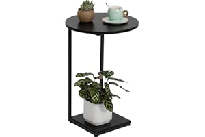 HDANI stolik pomocniczy,mały stolik boczny w kształcie litery C,Okrągły stolik kawowy Stolik do sofy, stolik do salonu z metalową ramą,40×40×60CM,czarny