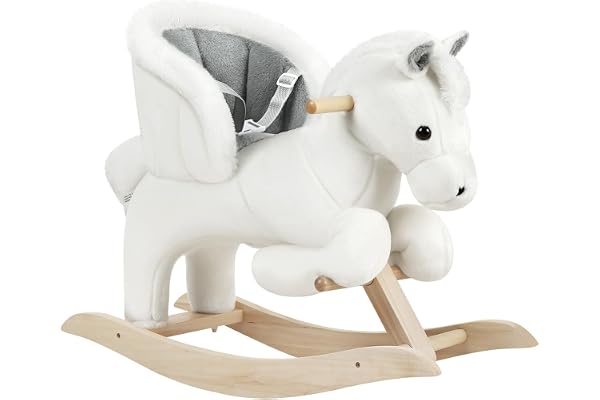 WOLTU Cheval à Bascule en Peluche, Animal à Bascule pour 1/2/3 Ans, Cadeau pour Anniversaire Noël Ceinture de Sécurité Effet Sonore Blanc et Gris