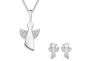 Amoonic Mädchen Schutzengel Schmuckset aus Silber 925 Engel Kette und Ohrstecker mit Zirkonia | Geschenk Set mit Gravur zur Kommunion und Taufe
