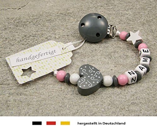 Personalised Baby Dummy Clip Chain | Pacifier Soother Holder with Preferred Name – Girls Motif Gray Ornament Heart