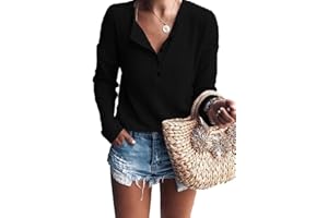 WNEEDU Pull Femme à Manches Longues en Tricot Gaufré Tunique T-Shirt Chemise Henley Décontracté Col V avec Boutons