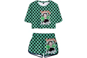 Yumenam Fille Anime Survêtement TANJIRO NEZUKO INOSUKE 3D Imprimé Crop Tops + Shorts 2 PCS Ensemble Costume de Cosplay Manches Courtes Casual T-Shirt et Shorts Pyjamas Sets L'été