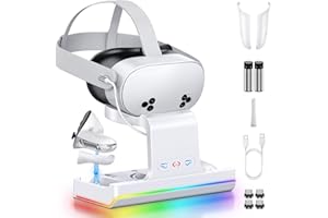 ZOELELE Dock Ricarica Rapida per Meta Quest 3S, Stazione Compatibile con Visore, Controller e Cinturino Elite, con Luci RGB e 2 Batterie Ricaricabili, Caricatore Magnetico per Quest 3S VR Accessori