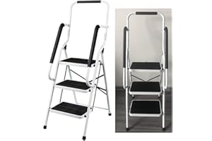 AUTOFU Escabeau Marchepied Acier 3 Marches, Escabeau Professionnel avec 2 Rampes de Sécurité & Garde-Corps Charge Max. 150Kg