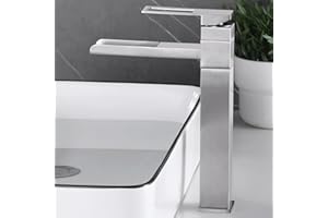 SHANFO Rubinetto Bagno Lavabo Alto, Rubinetto per Lavabo Girevole a 360°, Miscelatore Monocomando Lavabo Cascata, Fredda e Calda Regolabile, Nichel Spazzolato, 6M2OK-T