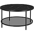 VASAGLE Coffee Table, Living Room Table, Sofa Cocktail Table Faux Marble Round, Tempered Glass Storage Shelf, Easy to Assemble, Modern Style, for Living Room, Marble Black and Ink Black LCT071B58