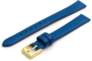WATCHWATCHWATCH Fine Calf Leather Watch Strap Band 12mm Mid Blue with Gilt (Gold Colour) Buckle. Free Spring Bars (Watch Pins)