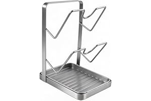 Gdfnmogo Organiseur de couvercle de casserole avec repose-cuillère pour comptoir de cuisine, conçu pour contenir deux couvercles de casserole et garder les ustensiles à portée de main (gris)