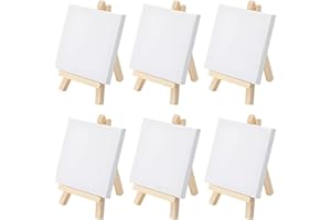 RJFUJP 6 Pack Mini Canvas and Easel, Mini Canvas,Canvas and Easel Set, Canvas Art Boards Pre-Stretched and Primed Blank Canvas,Table Top Wooden Easel (8X 15cm 10 x 10cm)