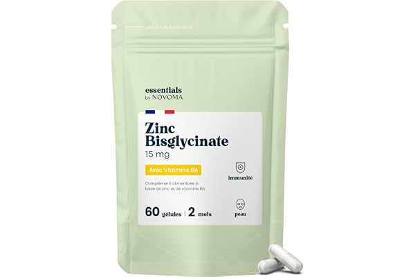 Zinc Bisglycinate + Vitamine B6, Renforce l'Immunité & Combat l’Acné, Assimilation Optimale, Cure de 2 mois, 60 Gélules Végétales, Complément Alimentaire Fabriqué en France, Essentials by Novoma