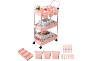 ‎DANPINERA danpinera Rollwagen schmal, Bastelwagen für Kinder, Servierwagen mit 3 Etagen, Rollwagen Küche mit Trennwänden & Haken & hängenden Bechern, Nischenwagen für Kinderzimmer Küche Badezimmer Büro, Rosa