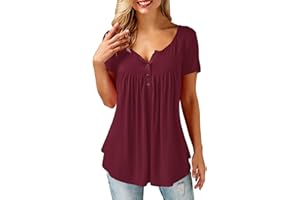 Amoretu T-Shirt Damen V-Ausschnitt Knopfleiste Bluse Solide Tunika Langarm/Kurzarm Tops