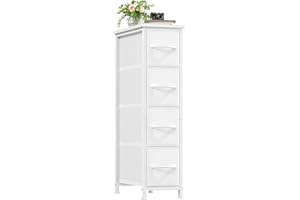 Somdot Slim Chest of Drawers with 4 Fabric Drawers, Narrow Dresser Storage Organiser for Bedroom Living Room Bathroom Closet Nursery Entryway Hallway, White Leather