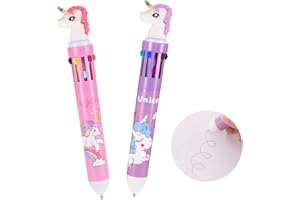 CENSEN 2 Pcs Unicorn Multi Coloured Pens All in One Novelty 10 in 1 Retractable Ballpoint Pen 0.5 mm Liquid Ink Multicolour Cartoon Unicorn Pen for Office School Supplies Students Children Kids Gifts
