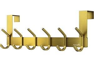Homephix Over Door Hooks, Heavy Duty Stainless Steel Over Door Hanger, Rust Resistant Over Door Coat Hooks for Coats, Jackets, Purses, Bags, Robes, Clothes, Towels, Polished-6 Hooks (Gold)