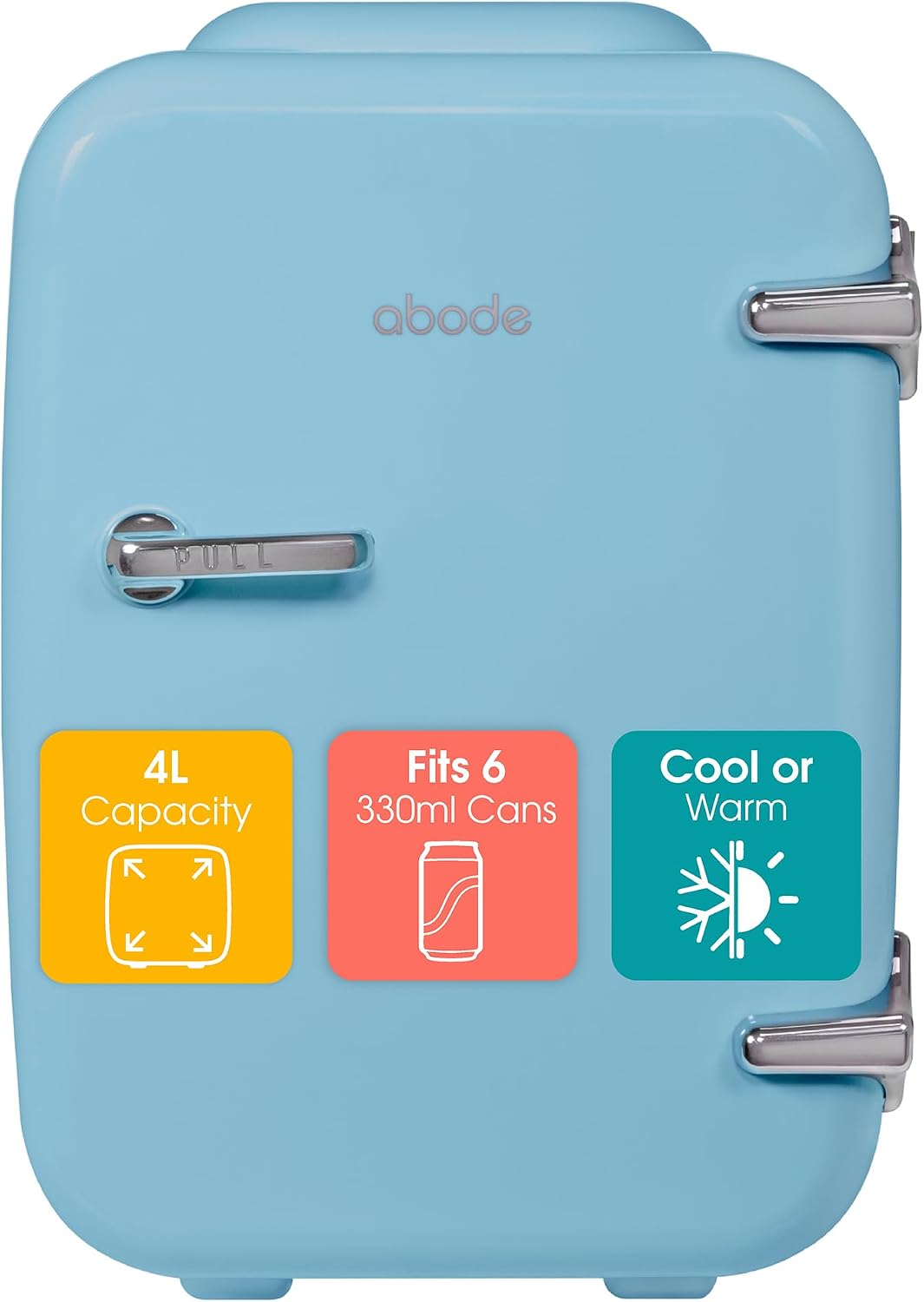 Abode Blue Mini Fridge A4CLR201BL 4L/6 Can Portable Thermoelectric Mini Cooler & Warmer for Drinks, Cosmetics/Makeup/Skincare, AC/DC Power, Retro Style, For Bedroom, Home, Caravan, Car