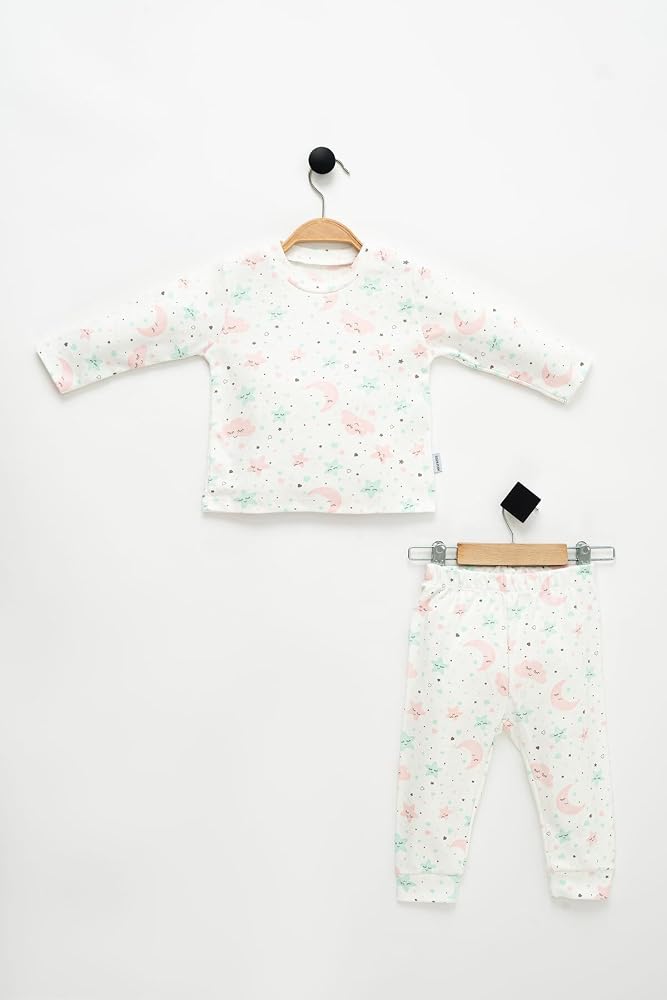 NEU KIDS Kız Çocuk Ay-Yıldız Baskılı Uzun Kollu %100 Pamuklu Pijama Takımı